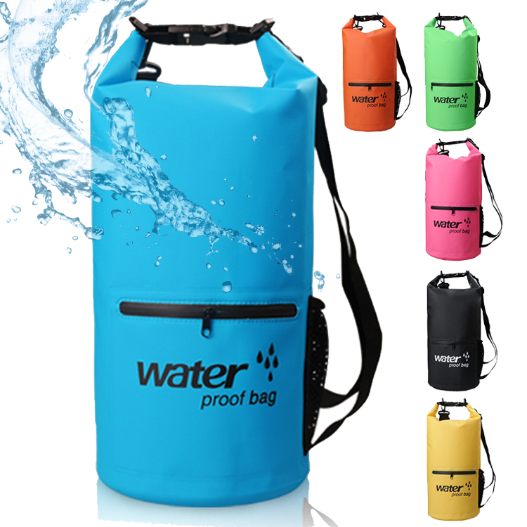 Roll Top Waterproof Dry Bag with 2 exterior zip pockets